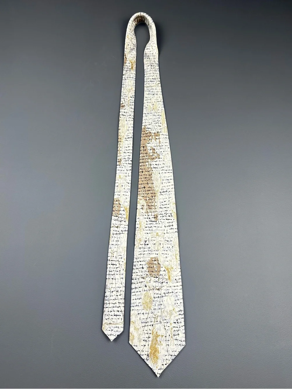 Roberta Firenze Italy Silk Renaissance Manuscript Tie White Gold 3 5/8 x 58 1/2